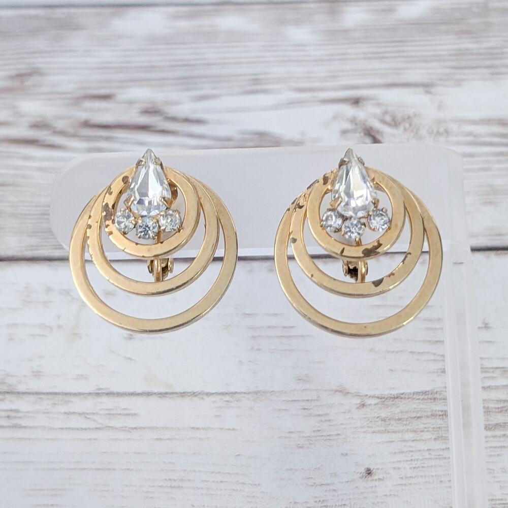 Vintage Clip On Earrings Large Gold Tone & Clear Gems - Gold Tone Chipping